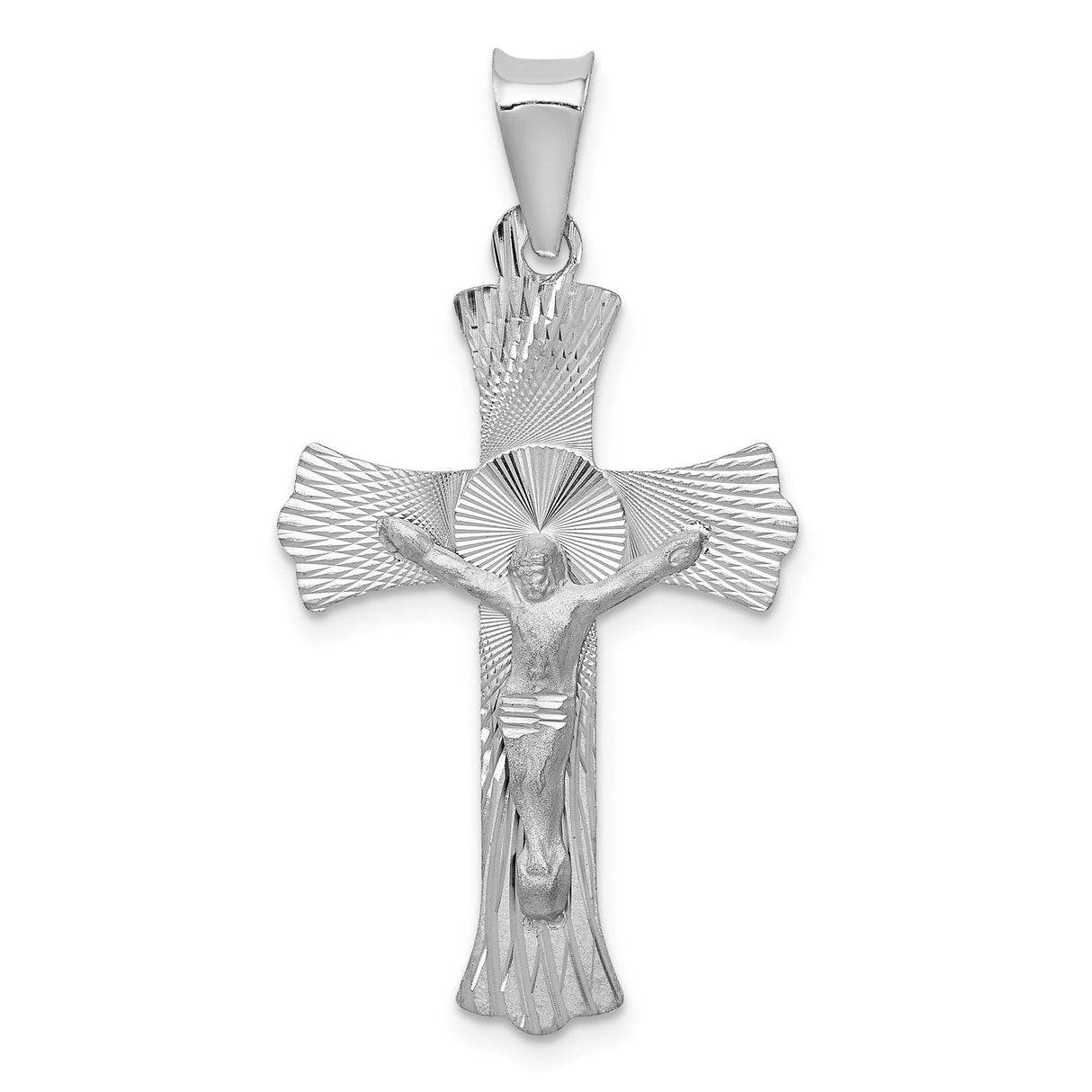 14k White Gold Crucifix Cross Pendant with Fleur de Lis Design Featuring Jesus