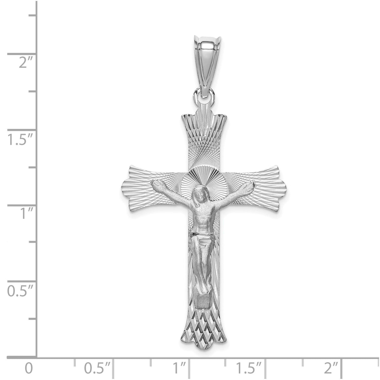 14k White Gold Crucifix Cross Pendant with Detailed Jesus and Fleur de Lis Design