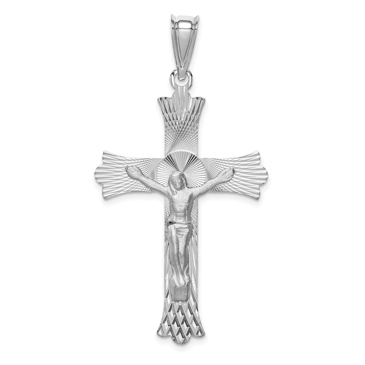 14k White Gold Crucifix Cross Pendant with Detailed Jesus and Fleur de Lis Design