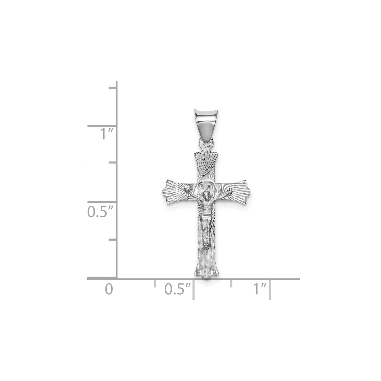 14k White Gold Crucifix Pendant with Sunburst Details and Fleur de Lis Cross