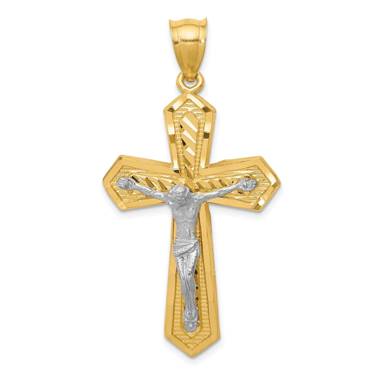 14k Two-Tone Gold Crucifix Pendant with Sculpted Christ and Diamond-Cut Finish