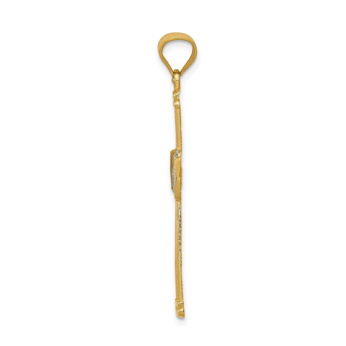 14k Multi-Tone Gold Cross Pendant with Latin Filigree, Floral Center and Scroll Detailing