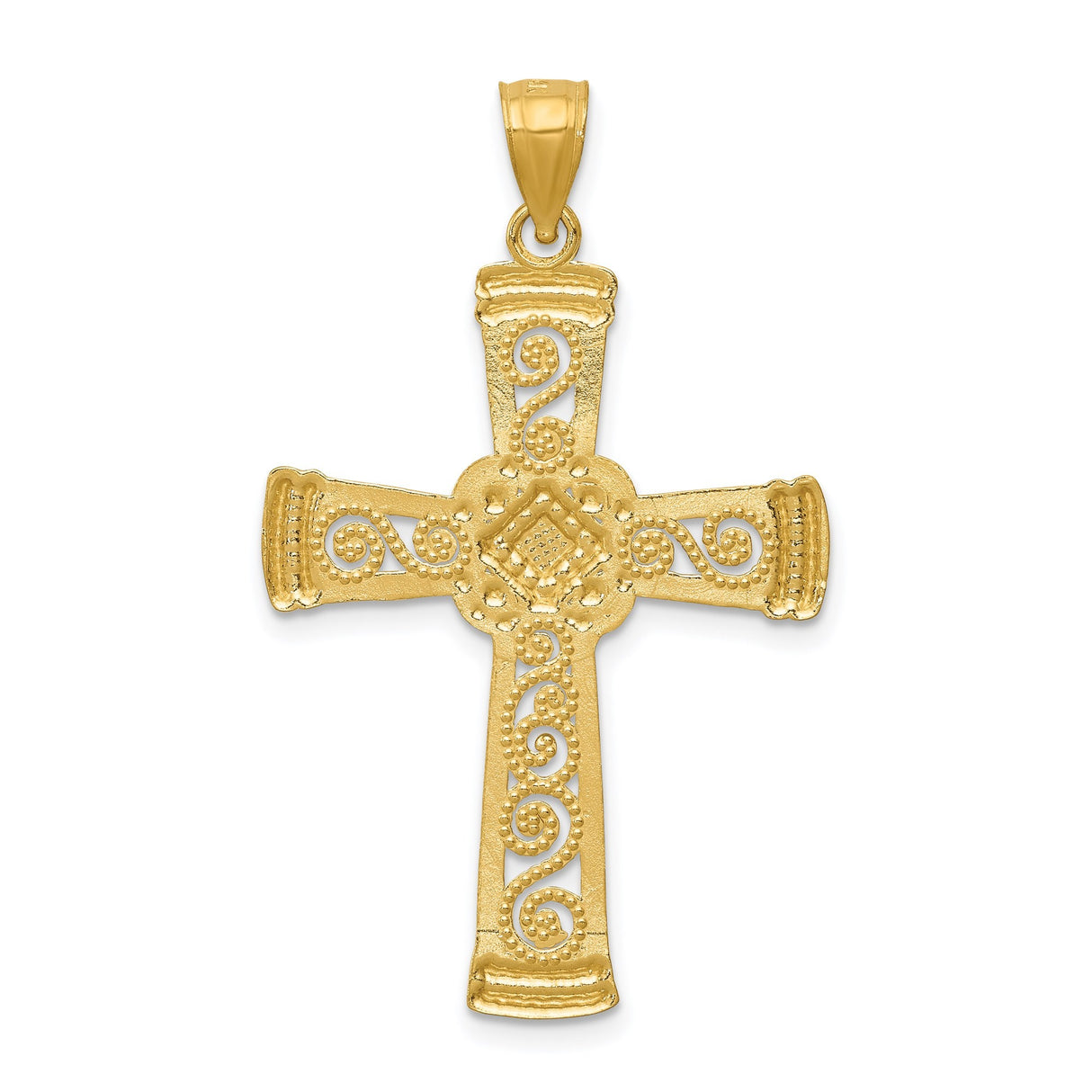 14k Multi-Tone Gold Cross Pendant with Latin Filigree, Floral Center and Scroll Detailing