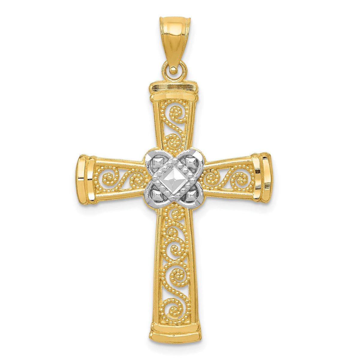 14k Multi-Tone Gold Cross Pendant with Latin Filigree, Floral Center and Scroll Detailing