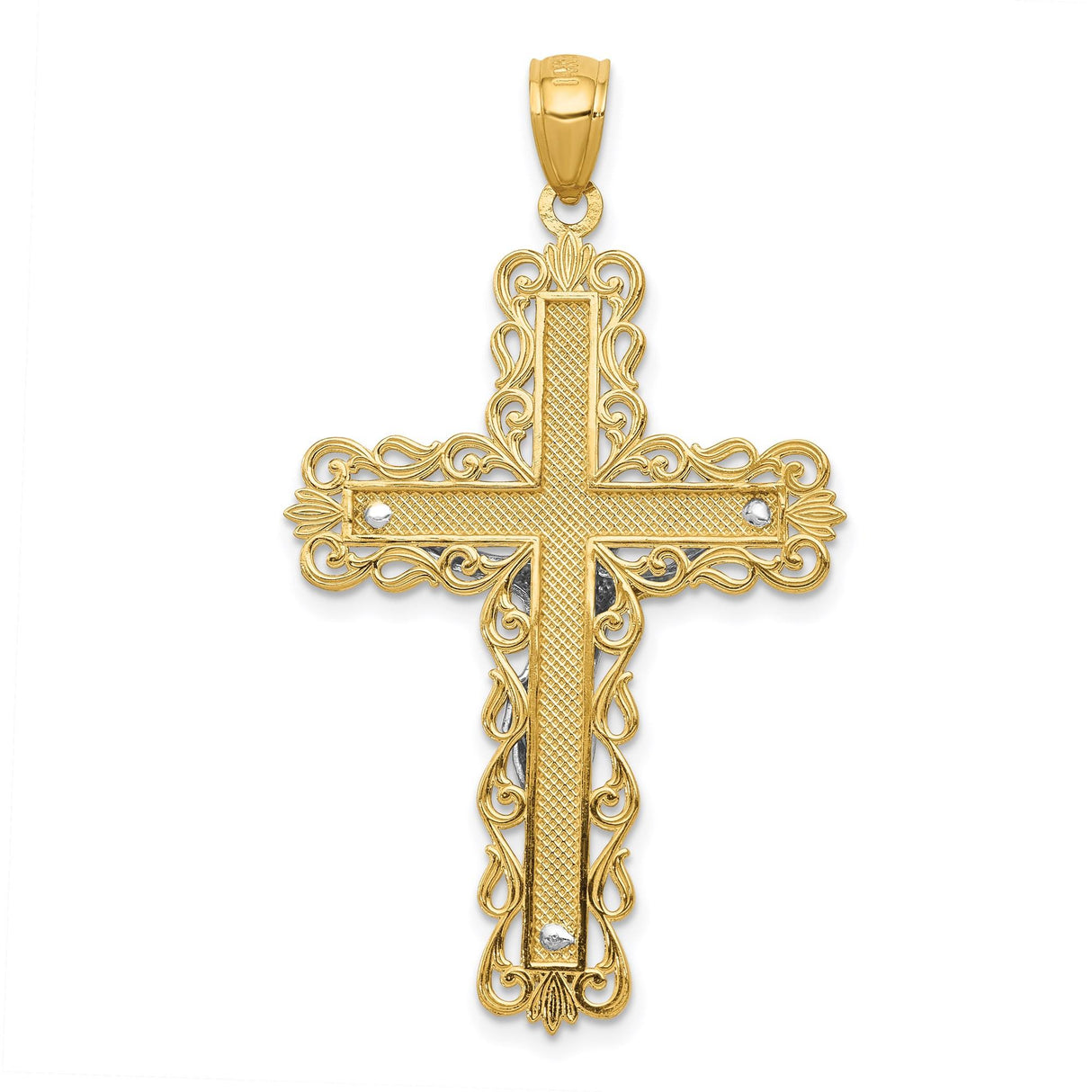 14k Two-Tone Gold Crucifix Pendant with High Relief Jesus Figure, Latin Cross Religious Charm