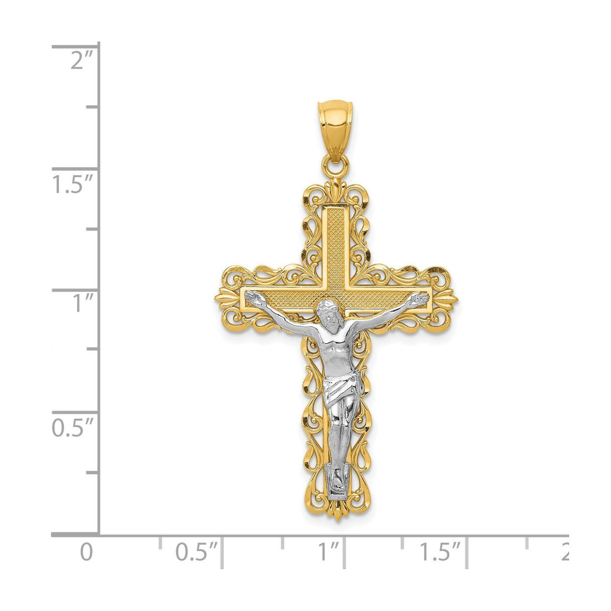 14k Two-Tone Gold Crucifix Pendant with High Relief Jesus Figure, Latin Cross Religious Charm