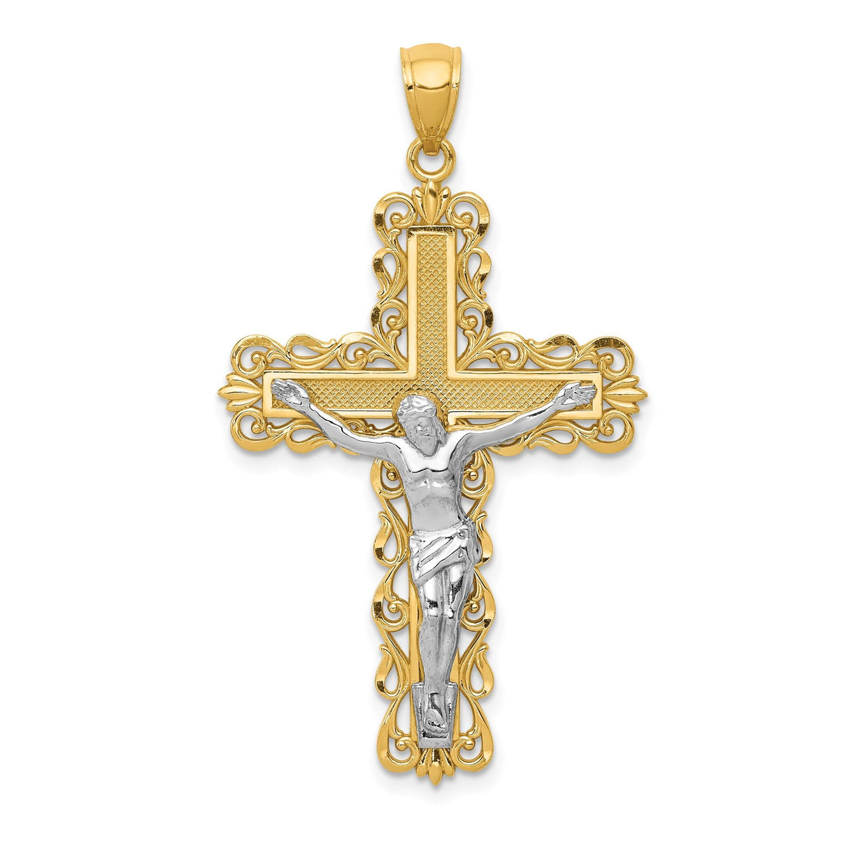 14k Two-Tone Gold Crucifix Pendant with High Relief Jesus Figure, Latin Cross Religious Charm