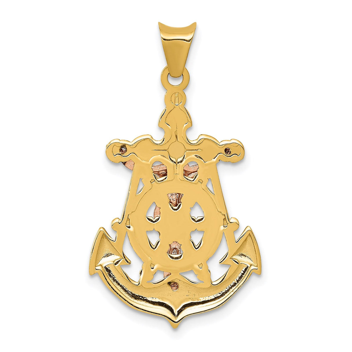 14k Multi-Tone Gold Crucifix Cross Pendant with Anchor Symbol and Rhodium Finish
