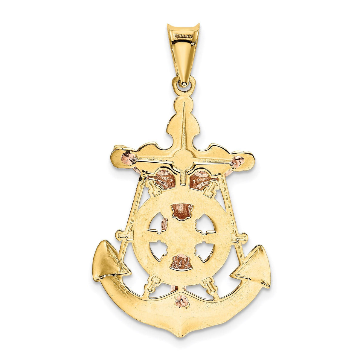 14k Multi-Tone Gold Crucifix Cross Pendant with Anchor and Ship Wheel Nautical Design