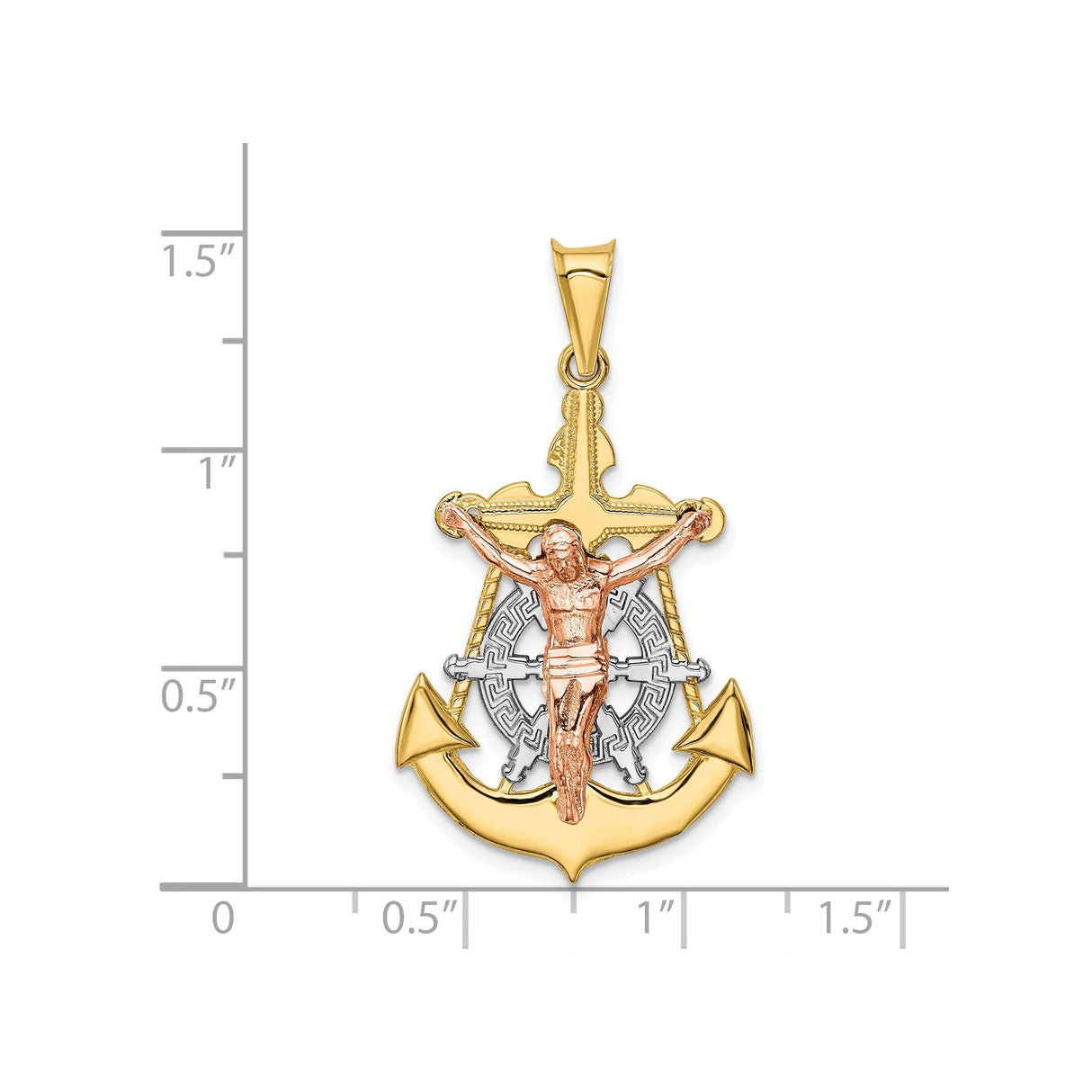 14k Multi-Tone Gold Crucifix Cross Pendant with Anchor and Ship Wheel Nautical Design
