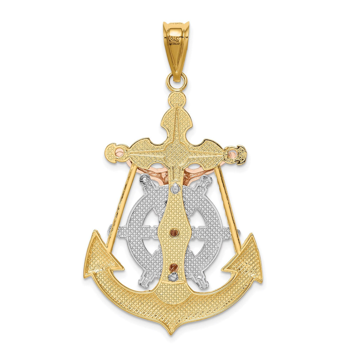 14k Multi-Tone Gold Crucifix Cross Pendant with Anchor and Jesus Design for Men and Women