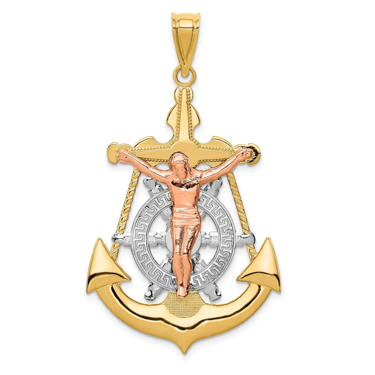 14k Multi-Tone Gold Crucifix Cross Pendant with Anchor and Jesus Design for Men and Women