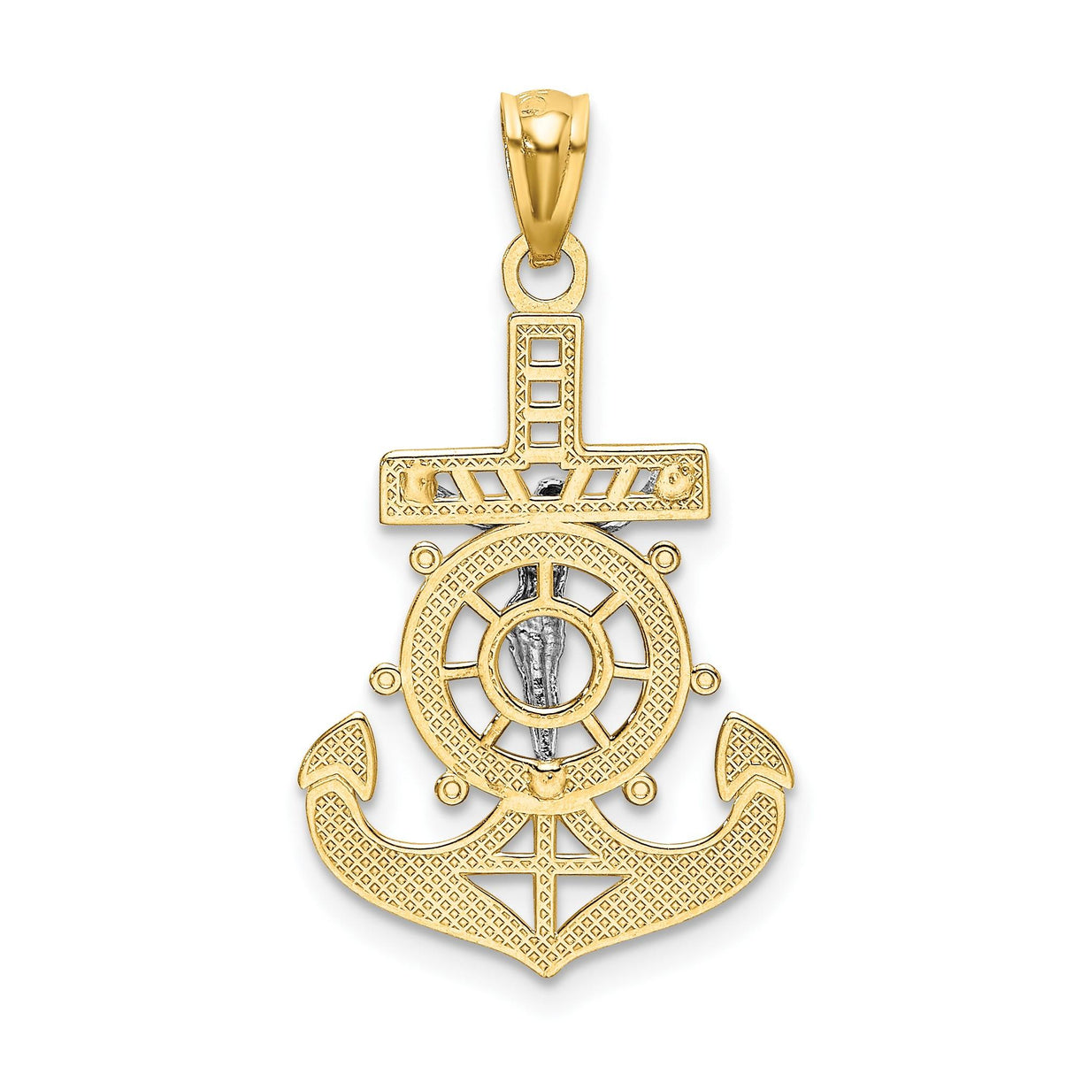 14k Multi-Tone Gold Crucifix Cross Pendant with Rhodium Mariner Anchor Design