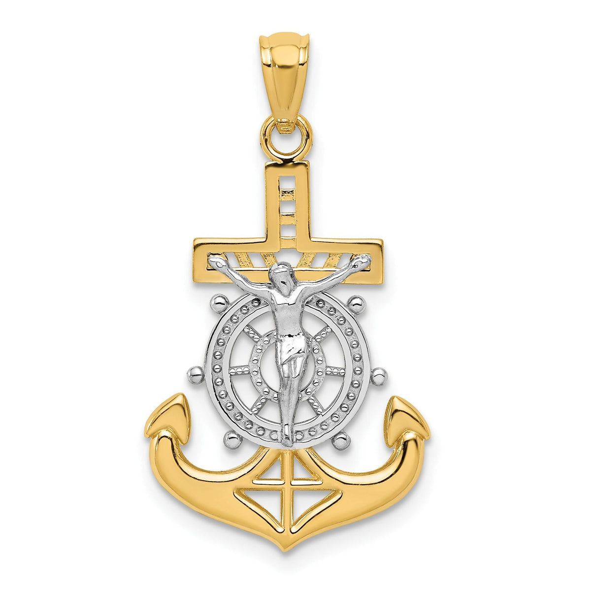 14k Multi-Tone Gold Crucifix Cross Pendant with Rhodium Mariner Anchor Design