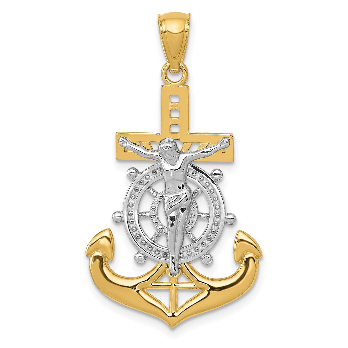 14k Multi-Tone Gold Anchor Cross Crucifix Pendant, Polished Nautical Jesus Charm