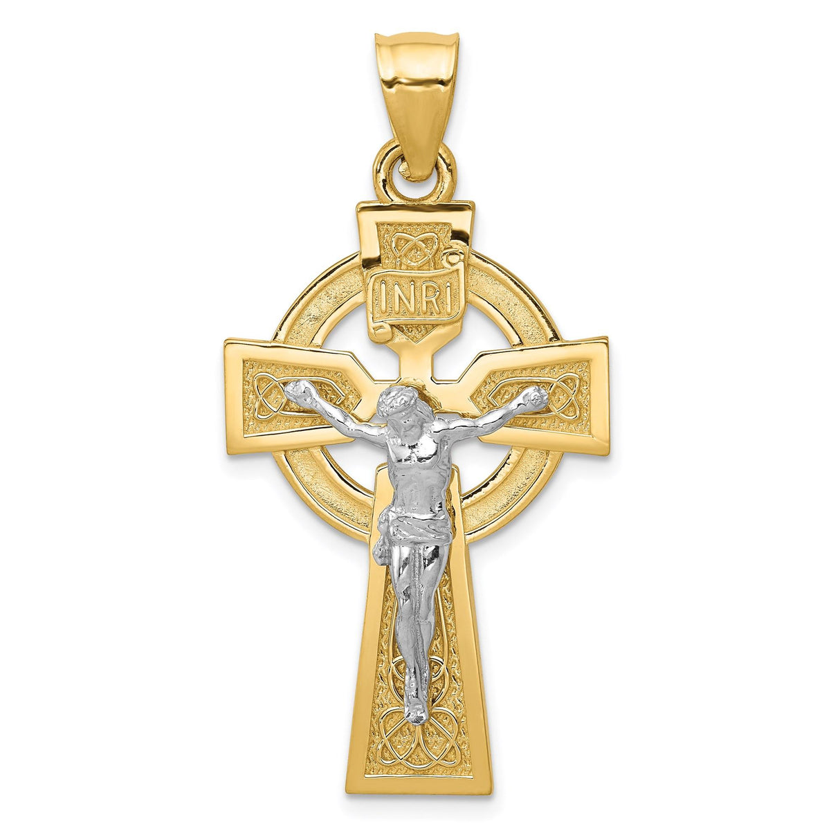 14k Multi-Tone Gold Crucifix Pendant with Halo Design, INRI Jesus Cross Religious Charm