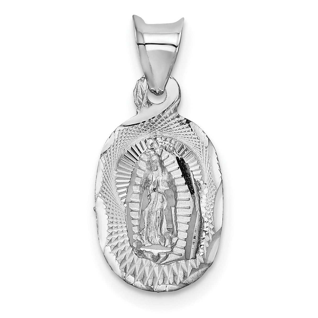 Polished Our Lady of Guadalupe Religious Figure Oval Charm Pendant in Real 14k White Gold