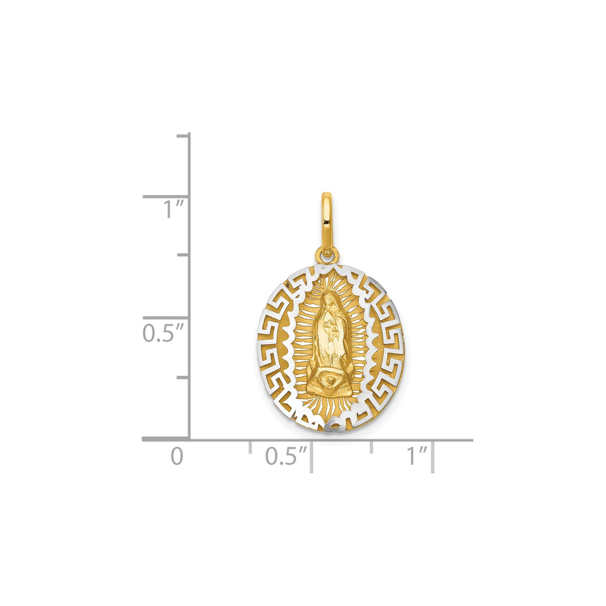 14k Two-Tone Gold Oval Pendant, Our Lady of Guadalupe with Sunburst and Greek Key Border