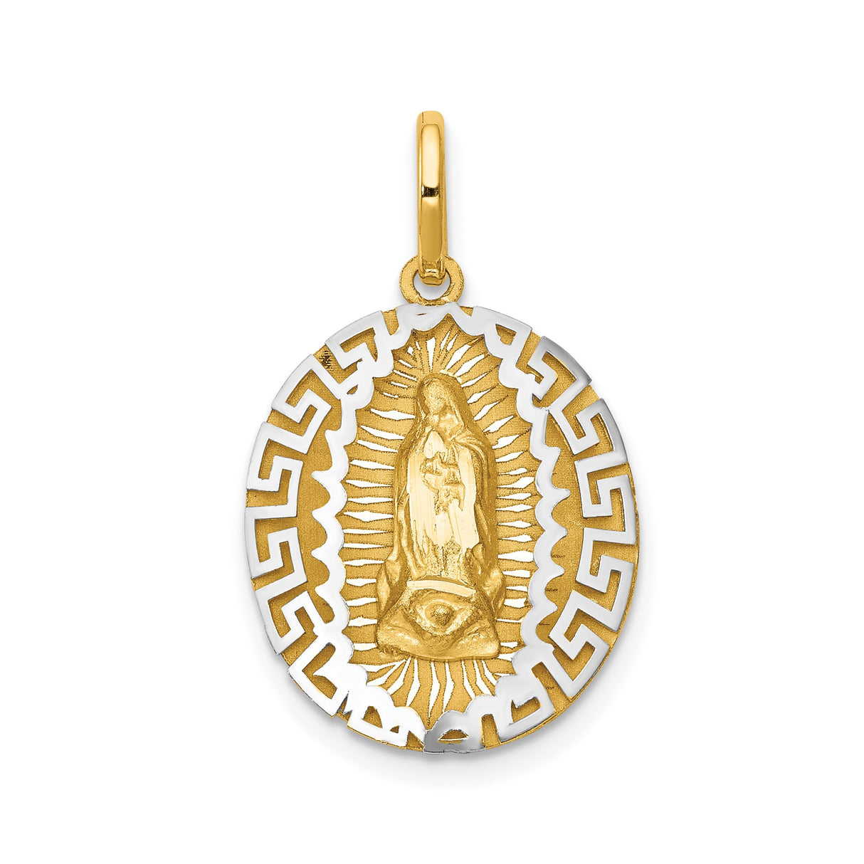 14k Two-Tone Gold Oval Pendant, Our Lady of Guadalupe with Sunburst and Greek Key Border