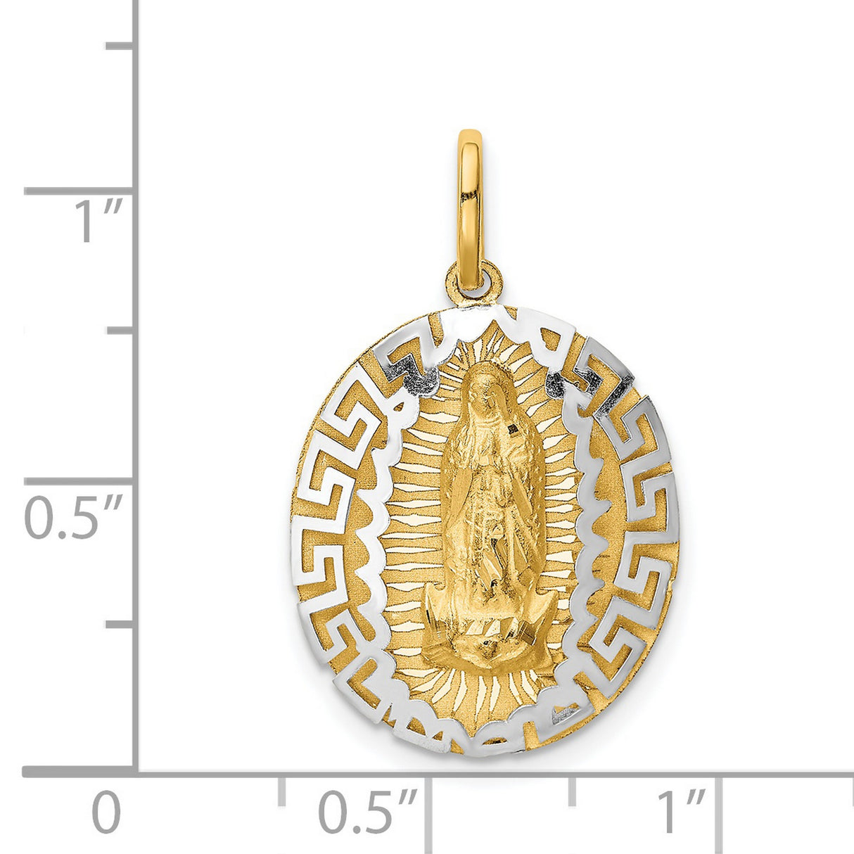Our Lady of Guadalupe Greek Key Border Oval Charm Pendant in Real 14k Multi-Tone Gold