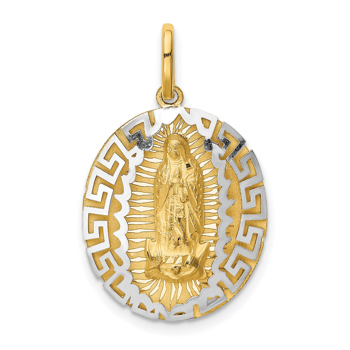 Our Lady of Guadalupe Greek Key Border Oval Charm Pendant in Real 14k Multi-Tone Gold