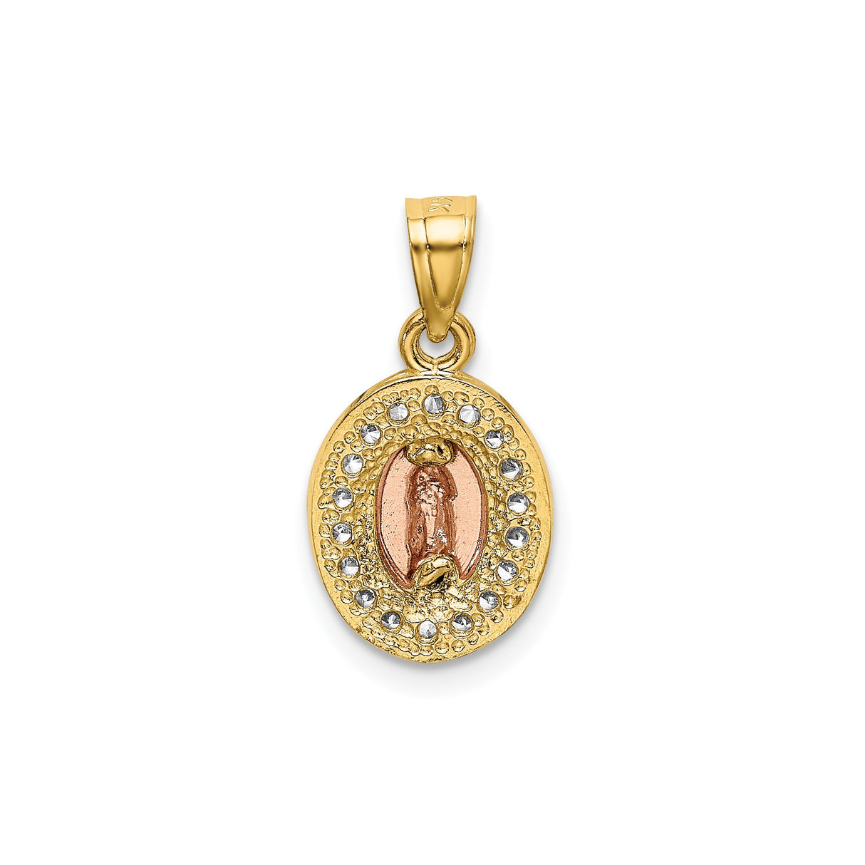 14k Two-Tone Gold Virgin Mary Oval Pendant with Cubic Zirconia, Religious Charm for Women