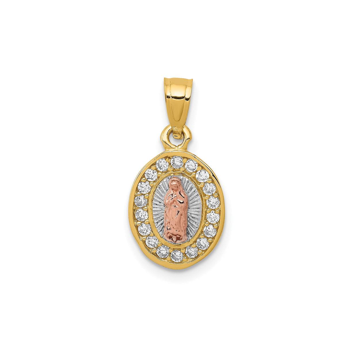 14k Two-Tone Gold Virgin Mary Oval Pendant with Cubic Zirconia, Religious Charm for Women