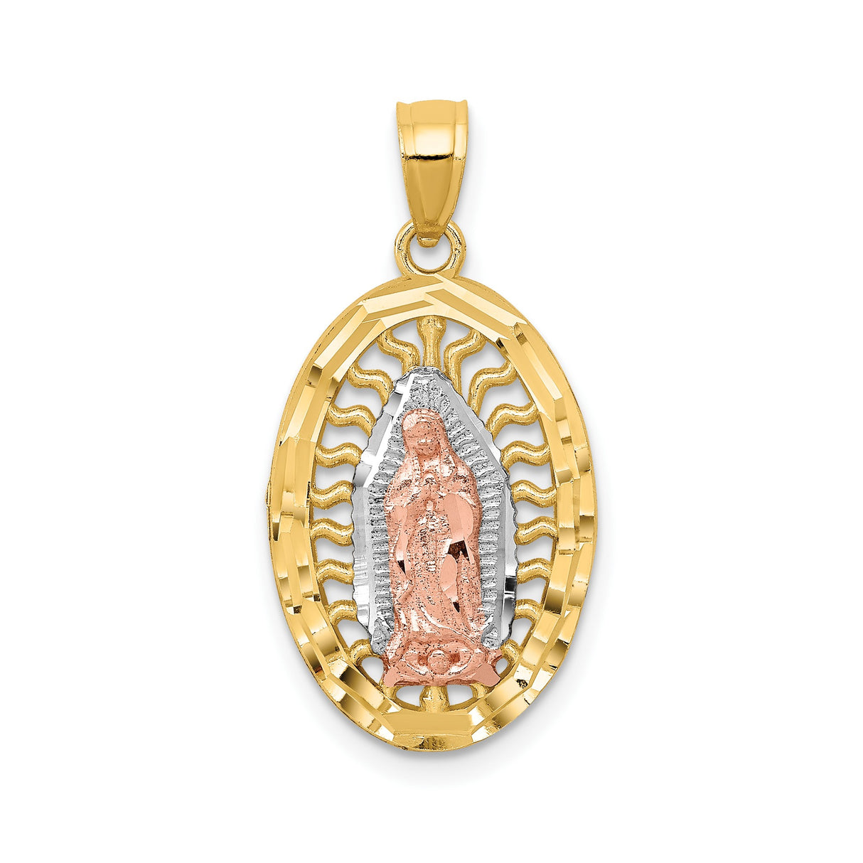 14k Two-Tone Gold Virgin of Guadalupe Oval Pendant in Rose and White Gold, Religious Medal for Women