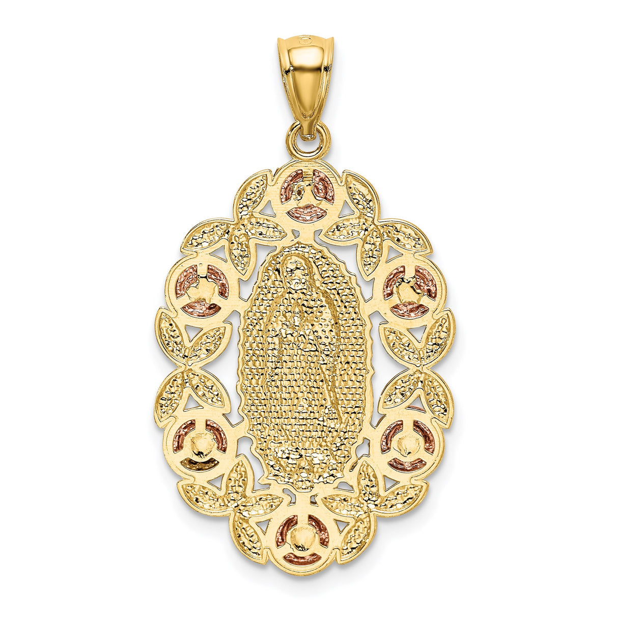 14k Two-Tone Gold Our Lady of Guadalupe Pendant with Rose Leaf Detail