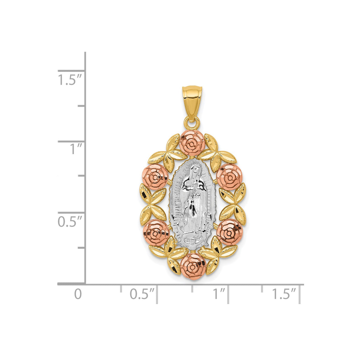14k Two-Tone Gold Our Lady of Guadalupe Pendant with Rose Leaf Detail