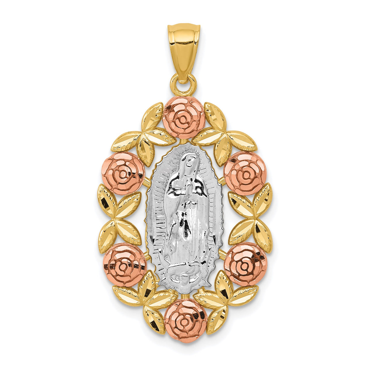 14k Two-Tone Gold Our Lady of Guadalupe Pendant with Rose Leaf Detail