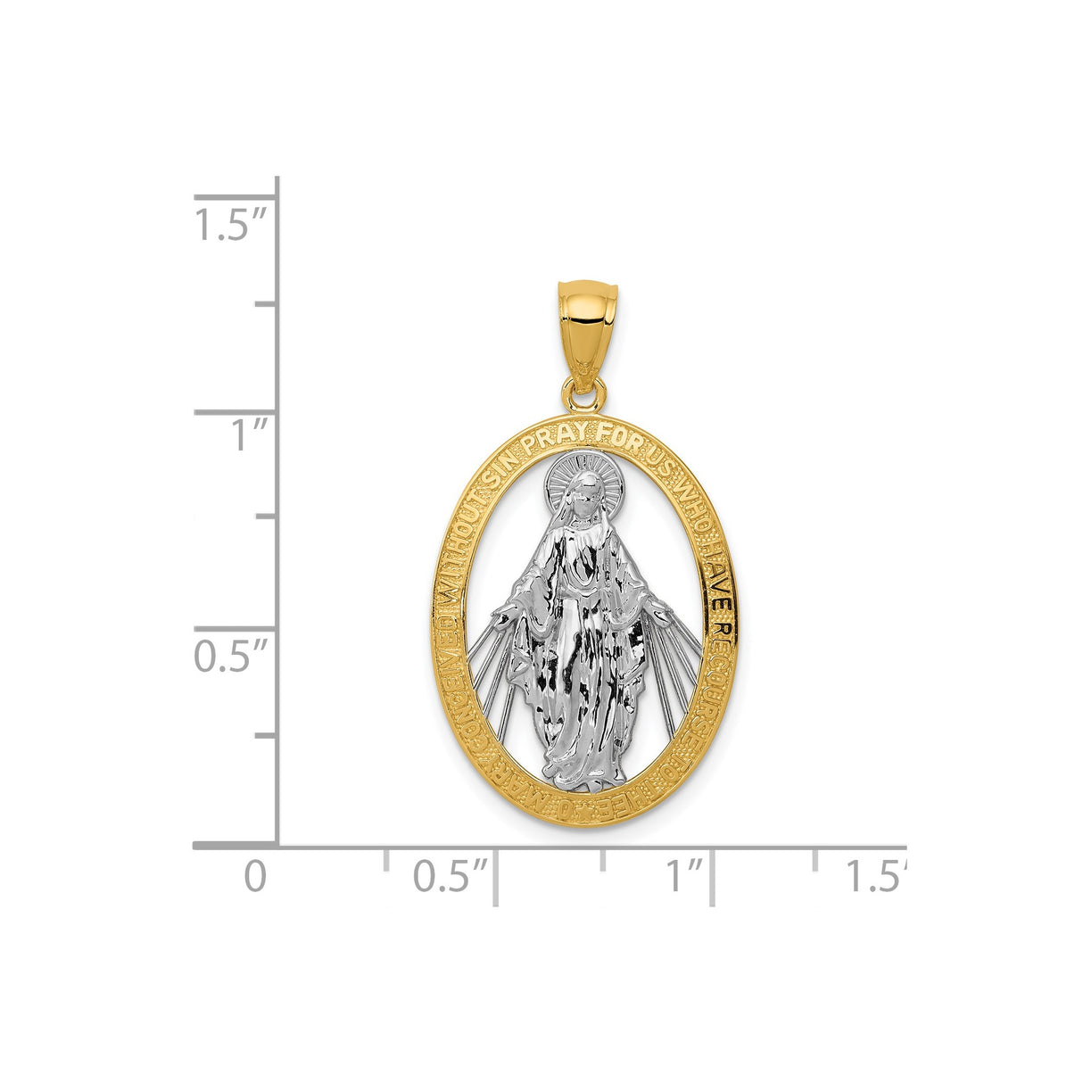 14k Two Tone Gold Miraculous Medal Pendant, Oval Virgin Mary Rhodium Accented Religious Jewelry