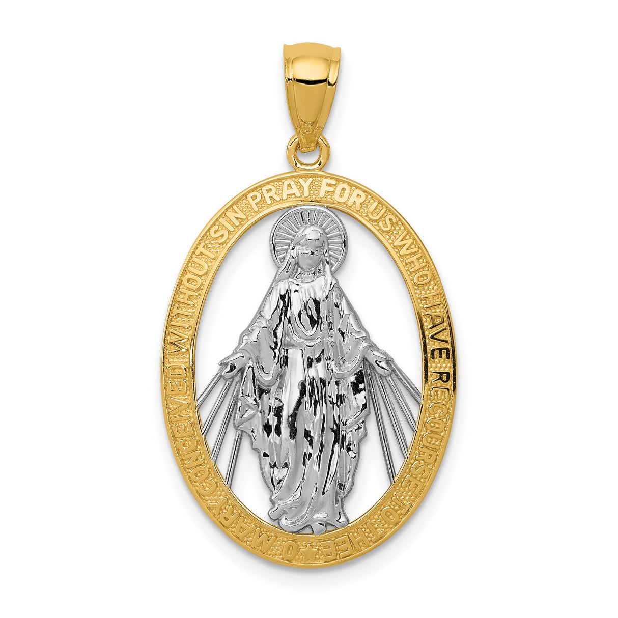14k Two Tone Gold Miraculous Medal Pendant, Oval Virgin Mary Rhodium Accented Religious Jewelry
