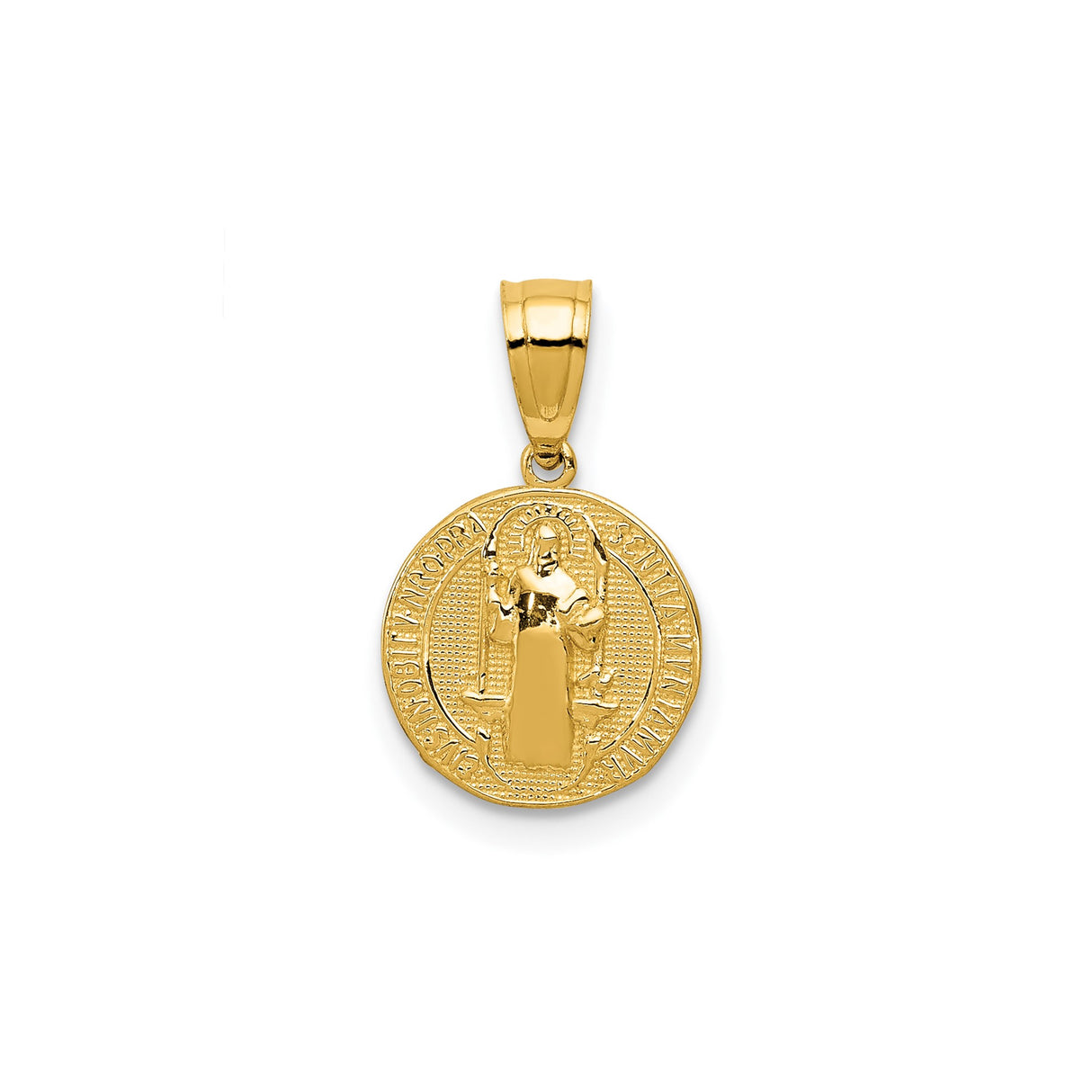 14k Yellow Gold St Benedict Medal Pendant with Latin Inscription and Saint Holding Cross