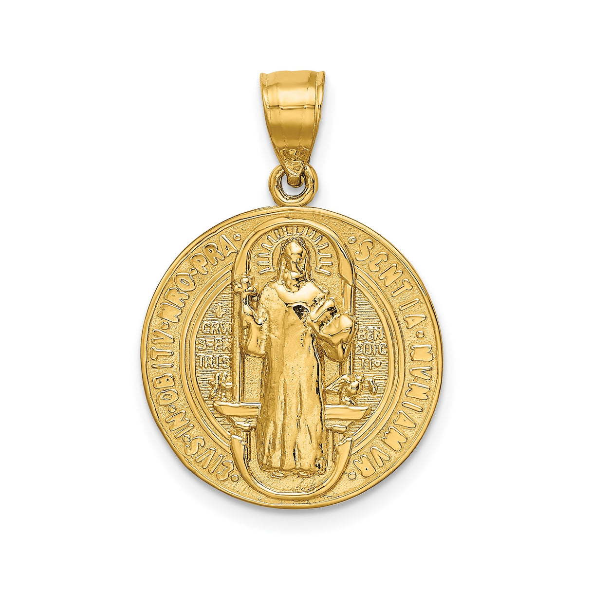 14k Yellow Gold Saint Benedict Reversible Pendant with Cross and Latin Inscriptions