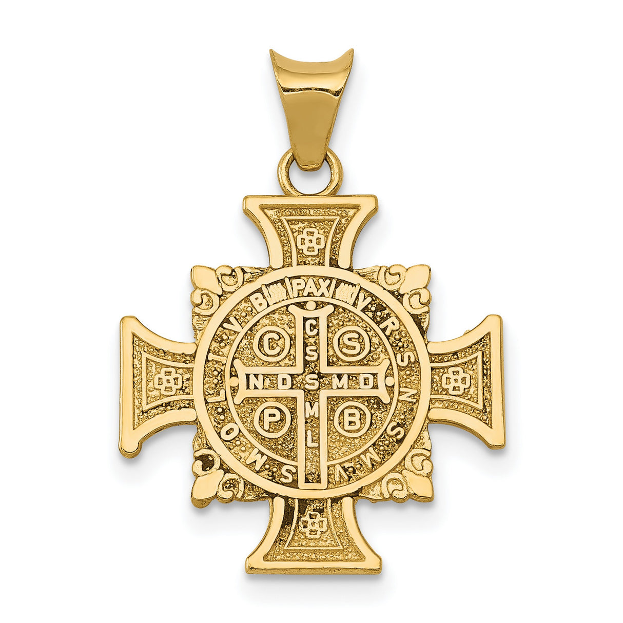 Saint Benedict and Words Maltese Cross Charm Pendant in Real 14k Multi-Tone Gold
