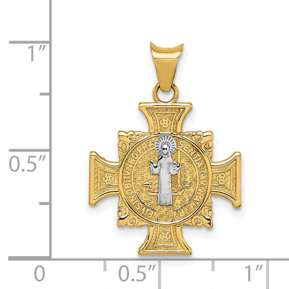 Saint Benedict and Words Maltese Cross Charm Pendant in Real 14k Multi-Tone Gold