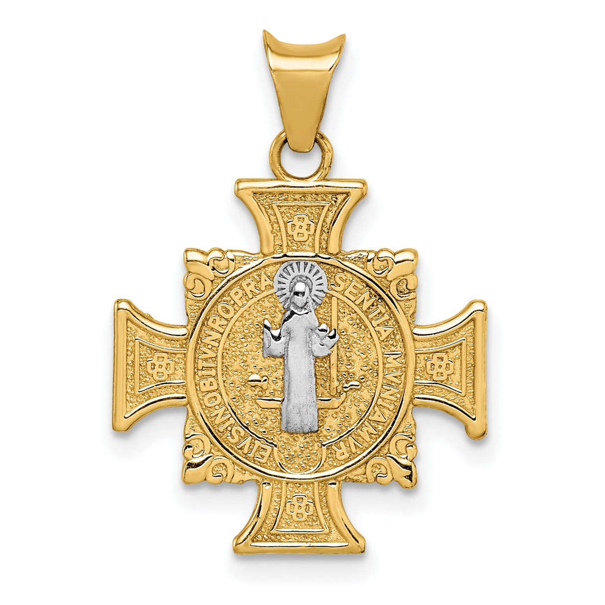 Saint Benedict and Words Maltese Cross Charm Pendant in Real 14k Multi-Tone Gold