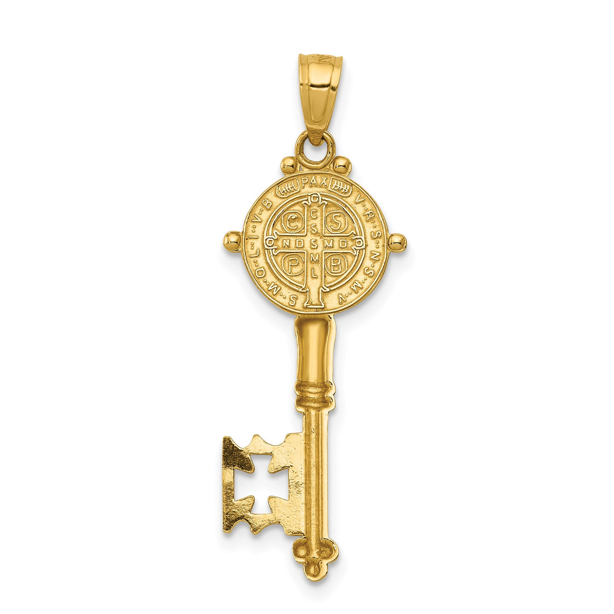 14k Yellow Gold Saint Benedict Key Pendant, Catholic Medal Charm, Religious Protection Jewelry