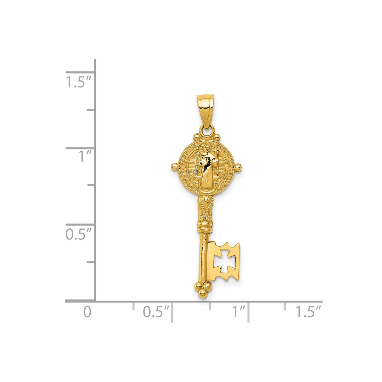 14k Yellow Gold Saint Benedict Key Pendant, Catholic Medal Charm, Religious Protection Jewelry