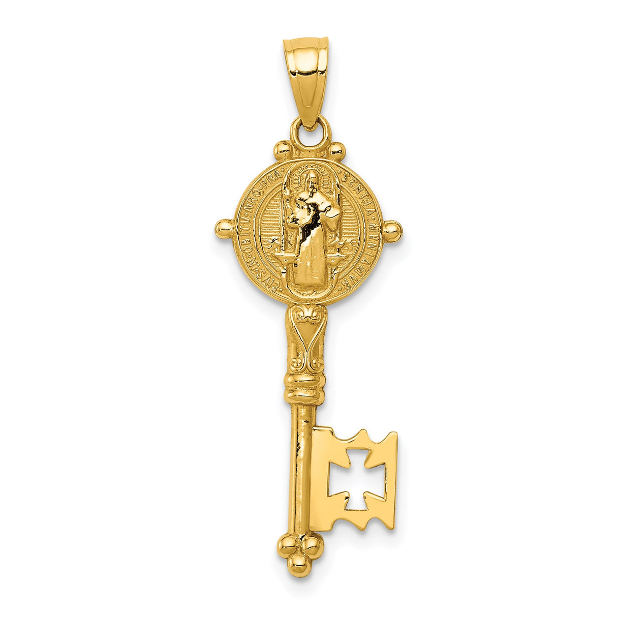 14k Yellow Gold Saint Benedict Key Pendant, Catholic Medal Charm, Religious Protection Jewelry