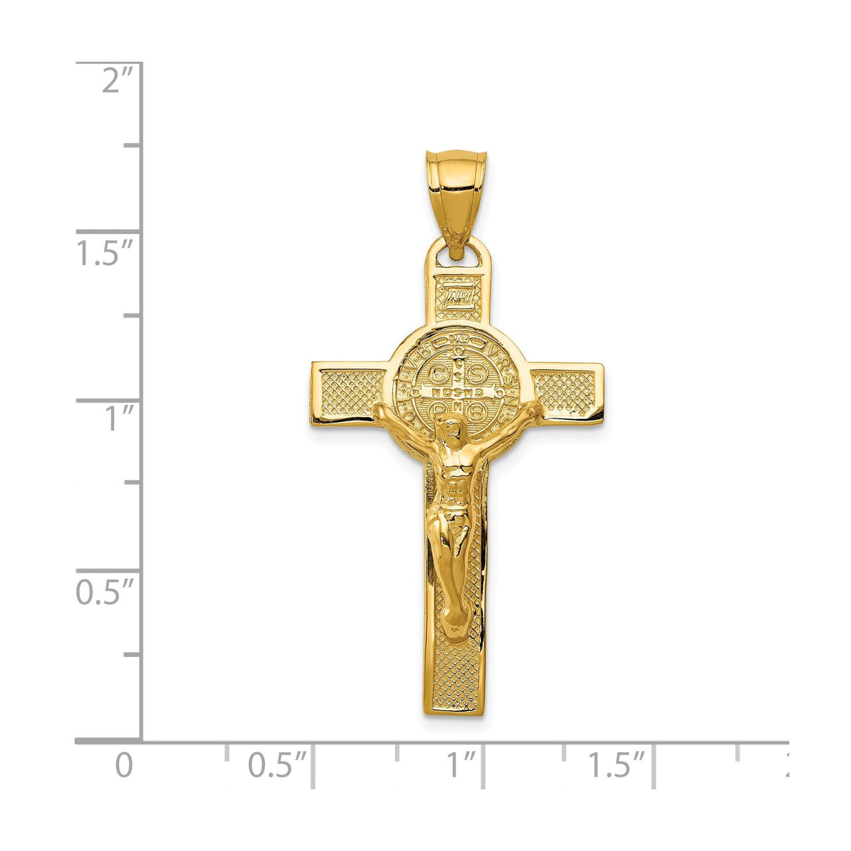14k Yellow Gold Crucifix Cross Pendant with Saint Benedict Medal and Jesus Detail