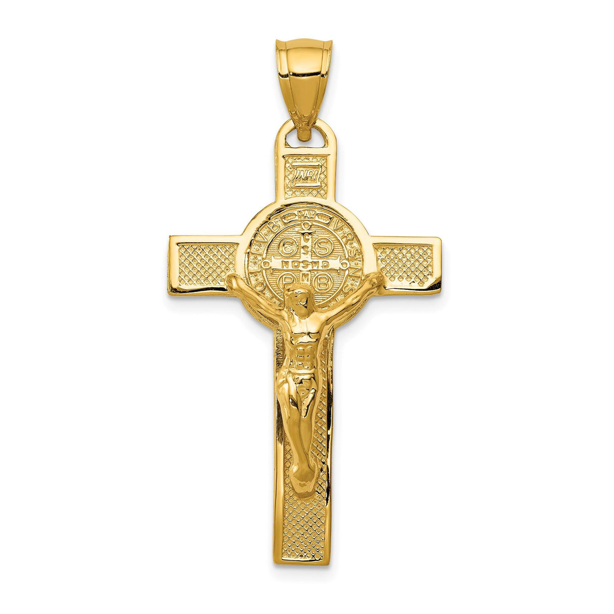 14k Yellow Gold Crucifix Cross Pendant with Saint Benedict Medal and Jesus Detail