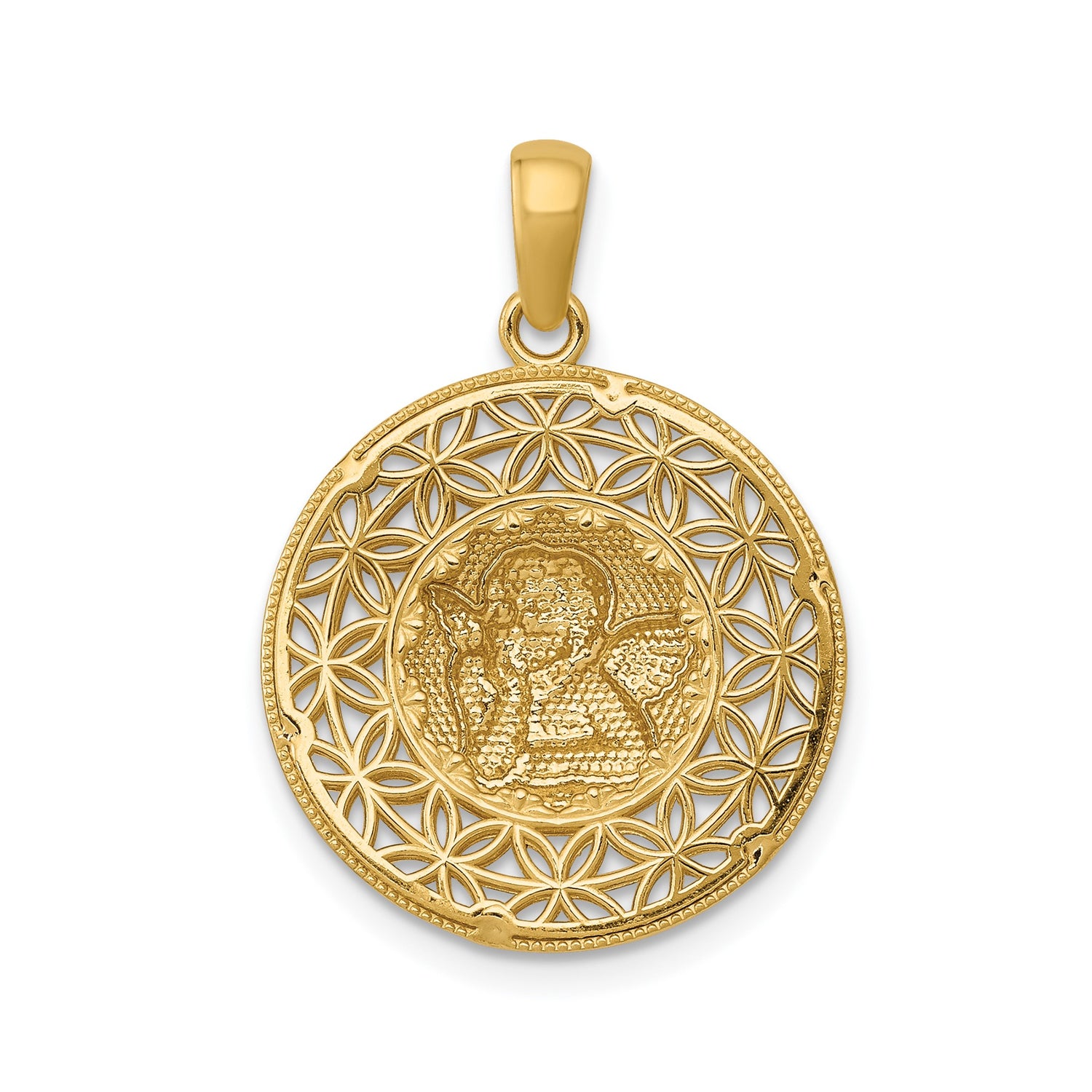 14k Multi-Tone Gold Angel Pendant with Cherub, Rays, and Floral Lattice Design