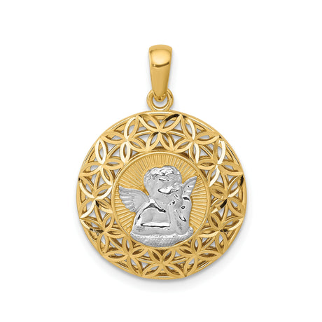 14k Multi-Tone Gold Angel Pendant with Cherub, Rays, and Floral Lattice Design
