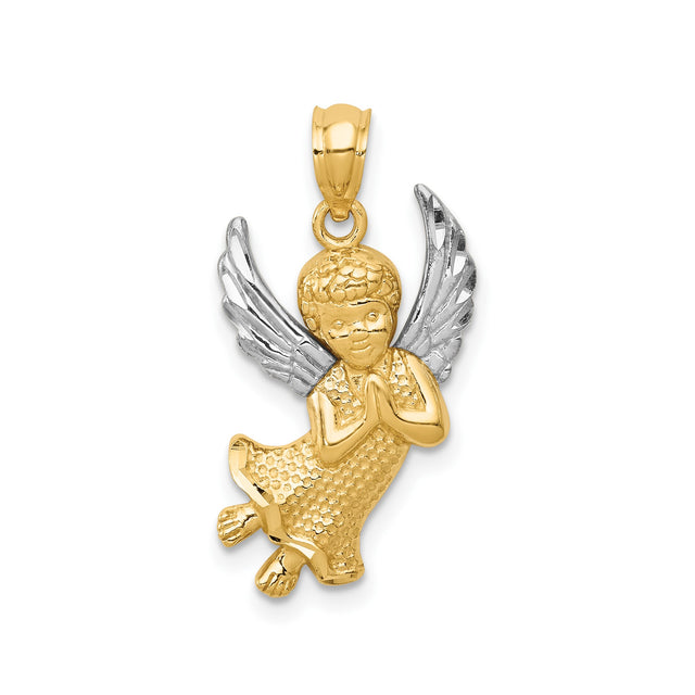 14k Multi-Tone Gold Angel Pendant with Praying Hands and Rhodium Wings