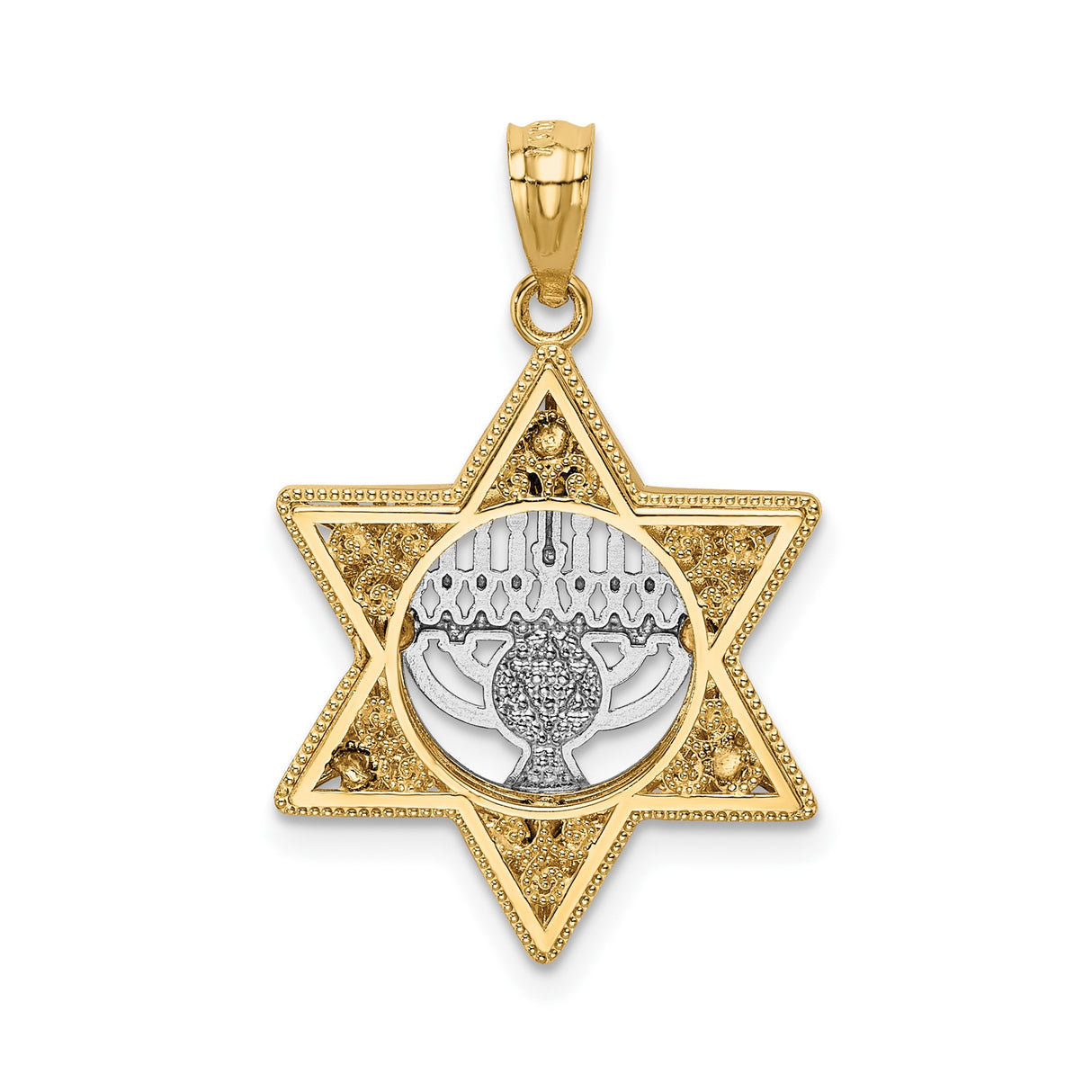 14k Two-Tone Gold Pendant, Jewish Star with Menorah, Religious Judaica Charm