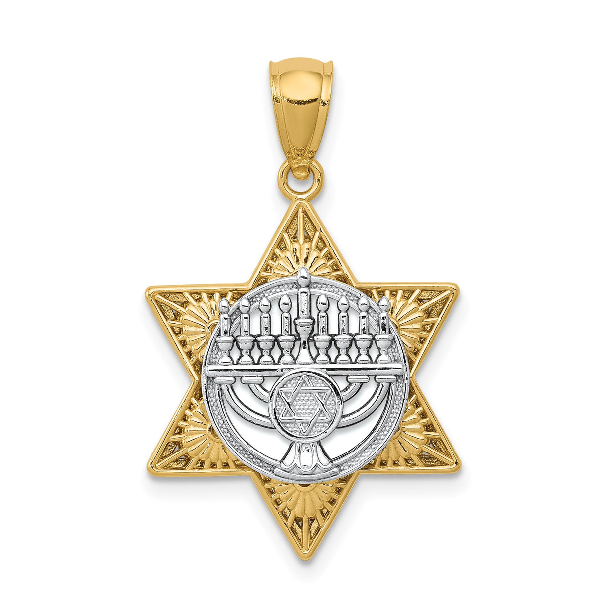 14k Two-Tone Gold Pendant, Jewish Star with Menorah, Religious Judaica Charm