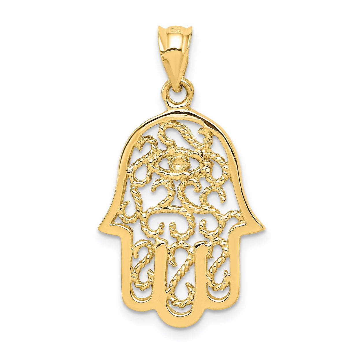 14k Yellow Gold Hamsa Hand Pendant with Filigree Design and Evil Eye Symbol