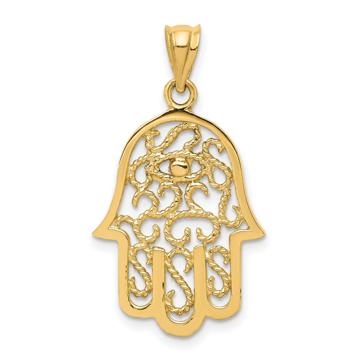 14k Yellow Gold Hamsa Hand Pendant with Filigree Design and Evil Eye Symbol
